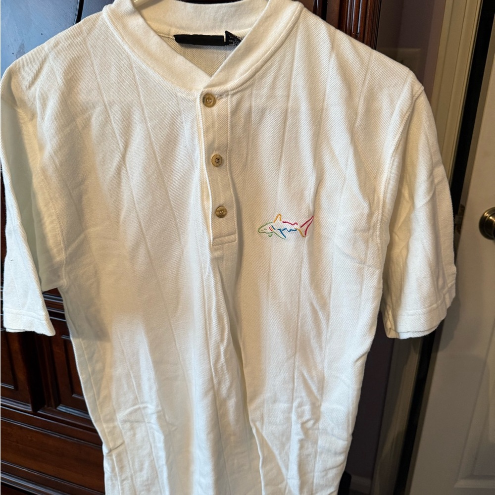 Greg Norman Collection White Polo with Colorful Shark Logo Size M